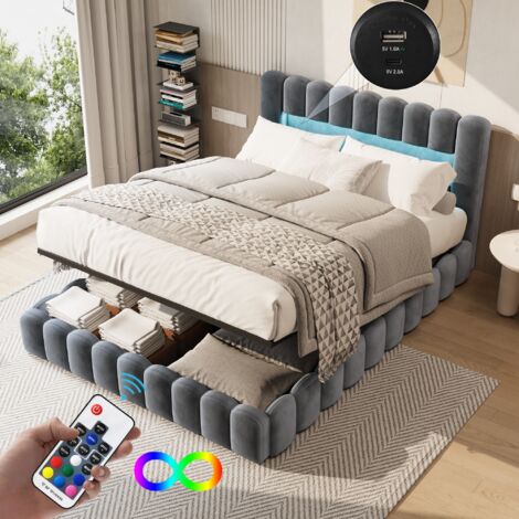 FORTUNA LAI Letto Contenitore King Size 180x200 cm in Velluto Grigio - Letto di Design Imbottito con Testiera LED RGB - Porte USB e Rete Sollevabile