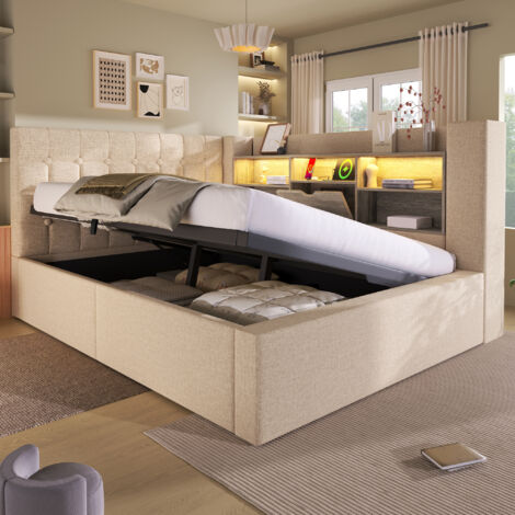Letto contenitore LED 140x190 cm, letto matrimoniale per adulti, idraulico, testiera a L reversibile con contenitore, lino, porte USB, materasso non incluso, beige