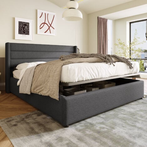 Letto contenitore letto imbottito letto matrimoniale idraulico 180x200 cm, rete a doghe in legno, letto con struttura in metallo rete a doghe, lino, grigio