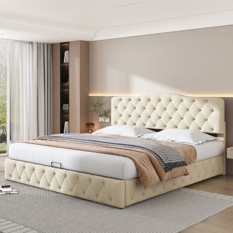WISHDOR Letto contenitore Letto matrimoniale imbottito per adulti 140 x 200 cm con rete a doghe e testiera regolabile, similpelle, bianco