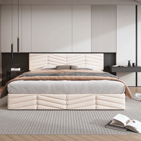 Letto contenitore Letto matrimoniale imbottito per adulti 180 x 200 cm con testiera regolabile in altezza, velluto, beige