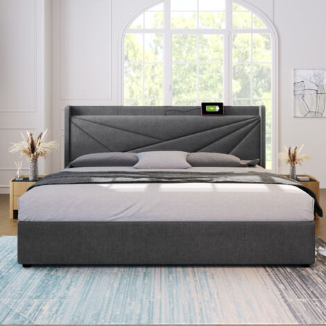 Letto contenitore Letto matrimoniale per adulti 160 x 200 cm. Ricarica USB tipo C. In lino. Grigio. Materasso incluso