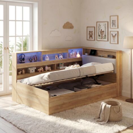 Letto contenitore - Letto per bambini 90x200 cm con contenitore idraulico, LED e USB/USB-C, montaggio reversibile, MDF color naturale