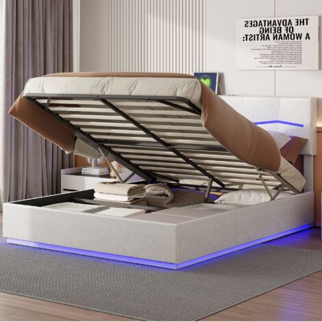 EIFSON Letto contenitore matrimoniale 160x200 cm - con striscia luminosa RGB - 2 prese USB - 2 prese di corrente - testiera - PU - letto imbottito idraulico per adulti e ragazzi - Beige