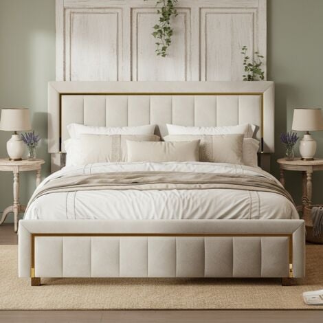 FORTUNA LAI 160x200 cm in velluto beige con bordi dorati - Testiera imbottita di design Art Déco - Rete a doghe inclusa