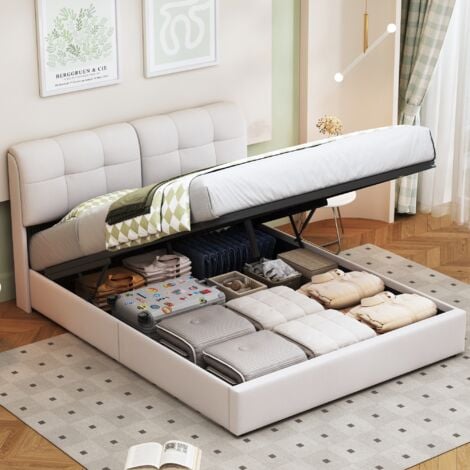 TANANT Letto contenitore matrimoniale 160x200cm, con contenitore idraulico, rete a doghe in legno, struttura in metallo, con testiera imbottita a LED, letto per adulti in velluto - Bianco