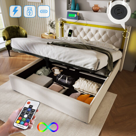 Letto contenitore matrimoniale imbottito, con LED e USB Type C (140 x 200 cm, Beige, Senza materasso)