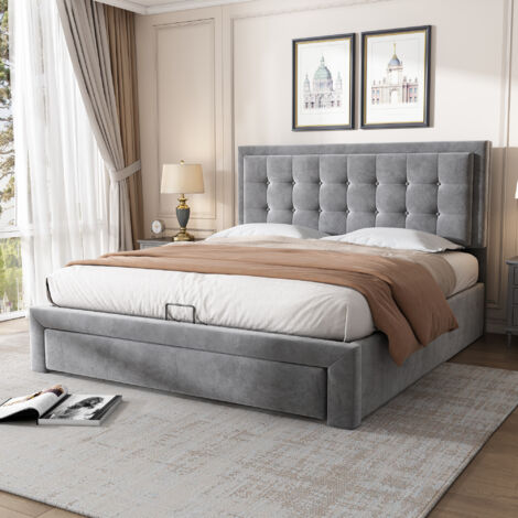 Letto contenitore matrimoniale per adulto con 2 cassetti, base in legno, velluto - 140 x 200 cm, grigio