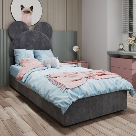 Letto contenitore per adulti 140x200 cm, letto matrimoniale, idraulico, testiera design cartoon, rete a doghe imbottita, MDF, materasso non incluso, grigio