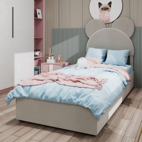 Letto contenitore per adulti 90x200 cm, letto singolo, idraulico, testiera con design cartoon, rete a doghe imbottita, MDF, materasso non incluso, beige