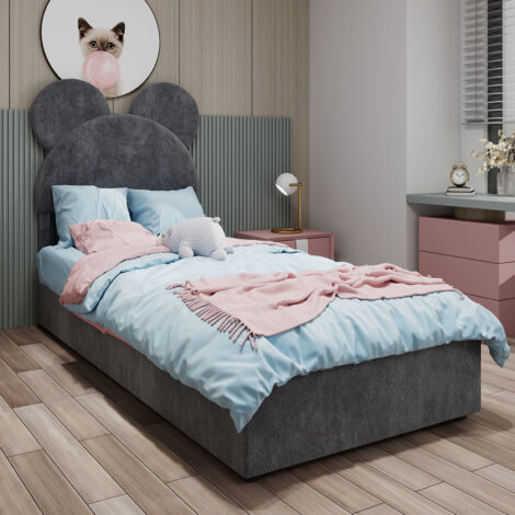 Letto contenitore per adulti 90x200 cm, letto singolo, idraulico, testiera con design cartoon, rete a doghe imbottita, MDF, materasso non incluso, grigio