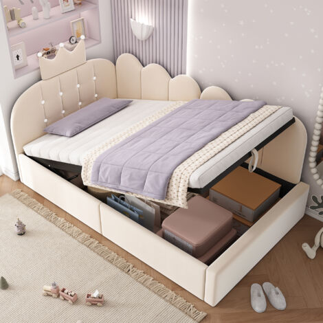 Letto contenitore per bambini 90x200 - 90x200 cm lettino contenitore per bambini con meccanismo idraulico, schienale a corona e base a doghe, velluto beige