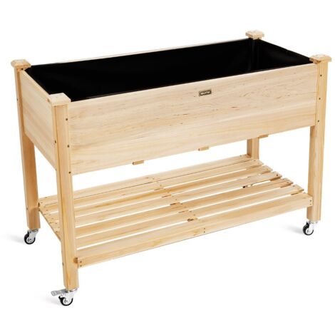 Letto da giardino rialzato con ruote bloccabili capienza e rivestimento protettivo, Fioriera mobile in legno