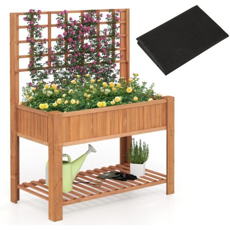 Letto da giardino rialzato con traliccio, Fioriera alta in legno con mensola di stoccaggio e fori di drenaggio Marrone