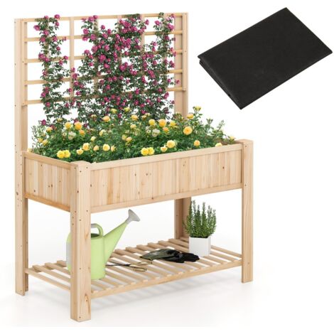 Letto da giardino rialzato con traliccio, Fioriera alta in legno con mensola di stoccaggio e fori di drenaggio Naturale