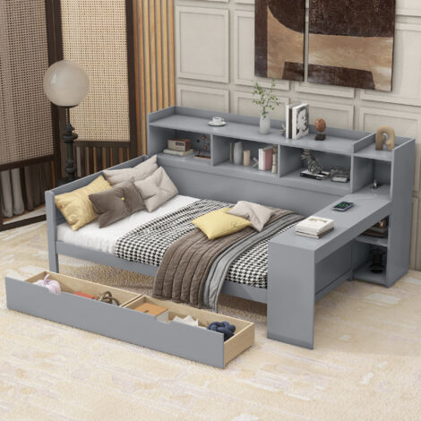 Letto Divano 90×200 cm, Letto Singolo con Scrivania, 2 Cassetti, USB, Presa e Mensole, senza Materasso, Grigio