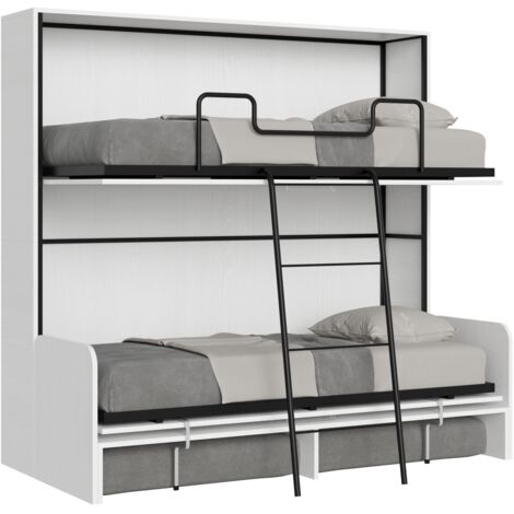 Letto doppio a scomparsa Kando con divano con materassi bianco frassino, grigio