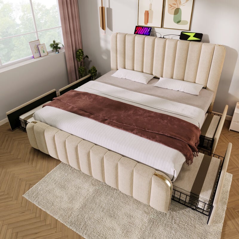 Letto matrimoniale imbottito, testiera imbottita con strisce decorative dorate e funzione di ricarica USB Type-C 180200 cm, materiale in lino beige