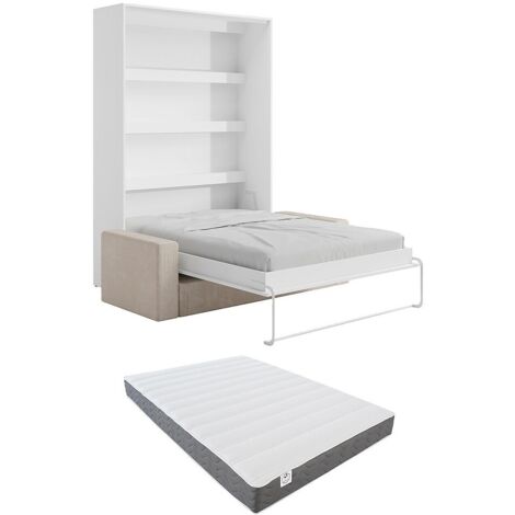 Letto estraibile 160 x 200 cm Apertura verticale manuale Con LED Bianco + Materasso + Divano - RAPILI