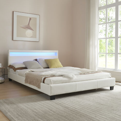 Letto Francese Imbottito 140x200 cm Testiera Alta con Illuminazione a LED Similpelle - Bianco Corium