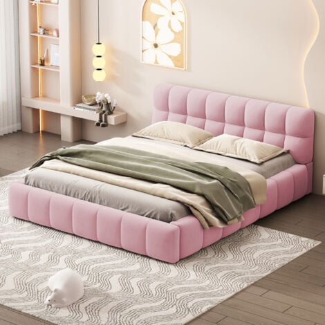 REDOM Letto imbottito 140 x 190 cm, letto per ragazzi, letto matrimoniale con schienale morbido, letto piano con bordo imbottito, rete a doghe in lino rosa (materasso non incluso)