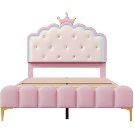 Letto imbottito 140 x 200 cm, con illuminazione d'atmosfera, PU, corona da principessa, rosa