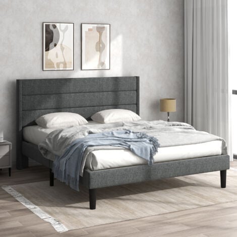 REDOM Letto imbottito 140 x 200 cm, giroletto con rete a doghe e testiera, letto matrimoniale imbottito, rivestimento tessile in lino grigio scuro, design moderno e senza tempo, letto per adolescenti.