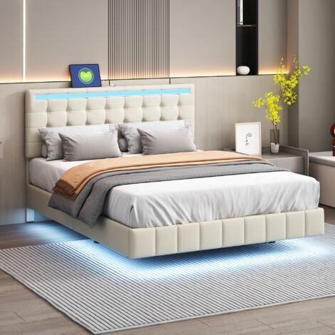 Letto imbottito 140 x 200 cm, giroletto imbottito sospeso con luci a LED e design della testiera, letto matrimoniale piatto per ospiti in lino delicato sulla pelle beige OKWISH