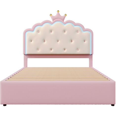 Letto imbottito 140 x 200 cm, illuminazione d'atmosfera con telecomando, letto a scomparsa, PU, rosa