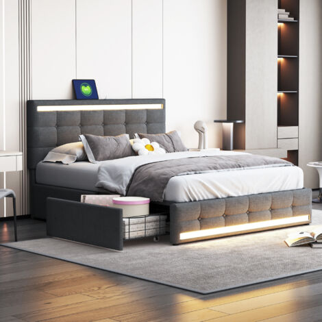Letto imbottito 140 x 200 cm, letto imbottito a LED con 4 cassetti e 2 stazioni di ricarica USB, struttura letto con testiera e pediera a LED, letto imbottito con piattaforma e vano contenitore, tessu
