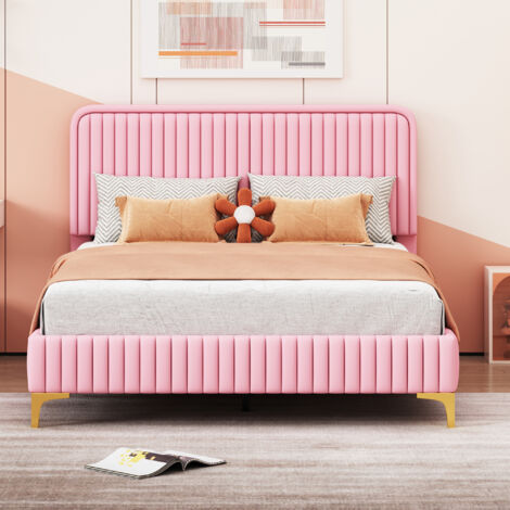 WISHDOR Letto imbottito 140 x 200 cm, letto matrimoniale, testiera regolabile in altezza, letto ragazzi con rete a doghe, con piedini in metallo, similpelle, rosa (materasso non incluso)