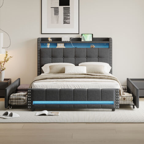 Letto imbottito 140200 cm con illuminazione LED e presa USB, testiera con ripiani e contenitore con 4 cassetti, letto matrimoniale per adulti, tessuto lino grigio