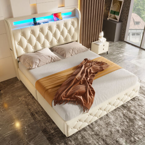Letto Imbottito 140x190 cm, 4 Cassetti, Testiera con Ripiani e Vano, LED/USB, Velluto, Matrimoniale, Bianco (Senza materasso)