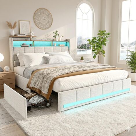 Letto imbottito 140x190 cm per adolescenti con testiera LED e rete a doghe - Tessuto di lino traspirante - Robusto e resistente - Grigio