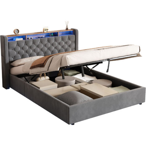 Letto imbottito 140x190 cm, Velluto Holland, Vano idraulico, LED e porte USB, Ripiano in testiera, Grigio