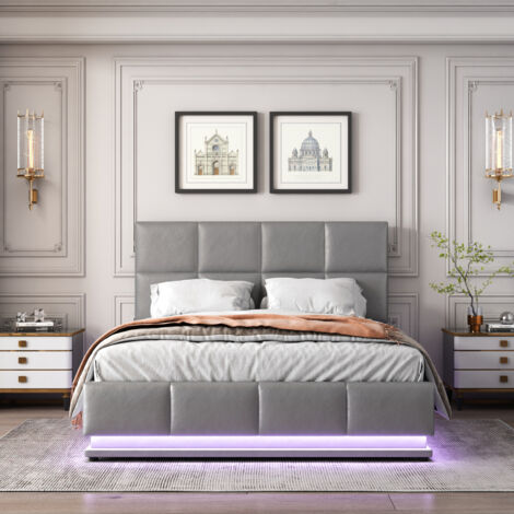 Letto imbottito 140x200 cm con illuminazione a LED e vano portaoggetti con sollevamento idraulico, box letto e rete a doghe in similpelle letto matrimoniale letto adulto e ragazzo grigio