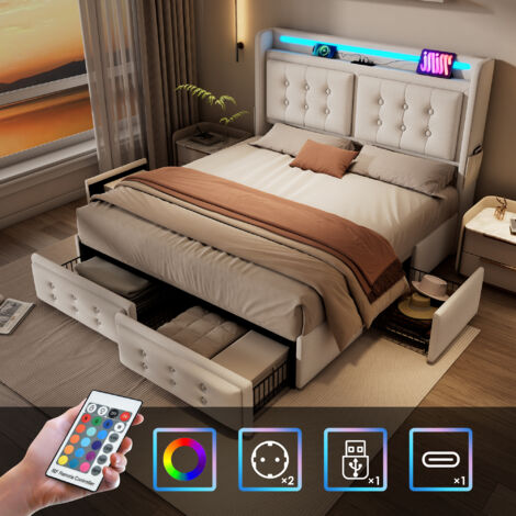 REDOM 140x200, letto matrimoniale con testiera LED e funzione di ricarica USB C e 4 cassetti, letti contenitore con rete a doghe in legno e struttura in metallo, portata 300 kg, beige, coton