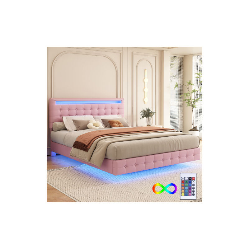 Image of Jn.songs - Letto Imbottito 140x200cm, Led, Telecomando a 24 Tasti, Sospensione, Materiale Pu - Rosa