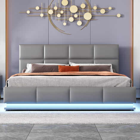 Letto imbottito 160 x 200 cm con LED, letto matrimoniale senza materasso, rete a doghe in metallo, grigio