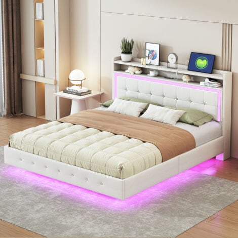 REDOM Letto imbottito 160200, con presa USB e illuminazione LED, letto posizionabile a testata, piedino di design nascosto, letto matrimoniale piatto, tessuto in lino beige