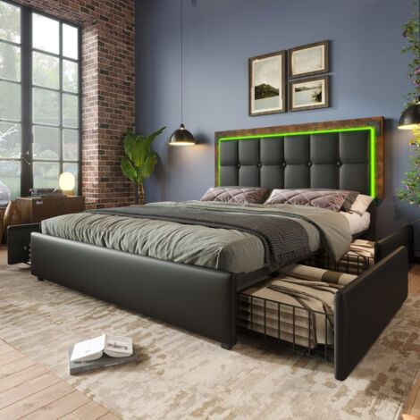 Letto imbottito 160x200 cm in PU con 4 cassetti LED testiera regolabile e rete inclusa colore nero