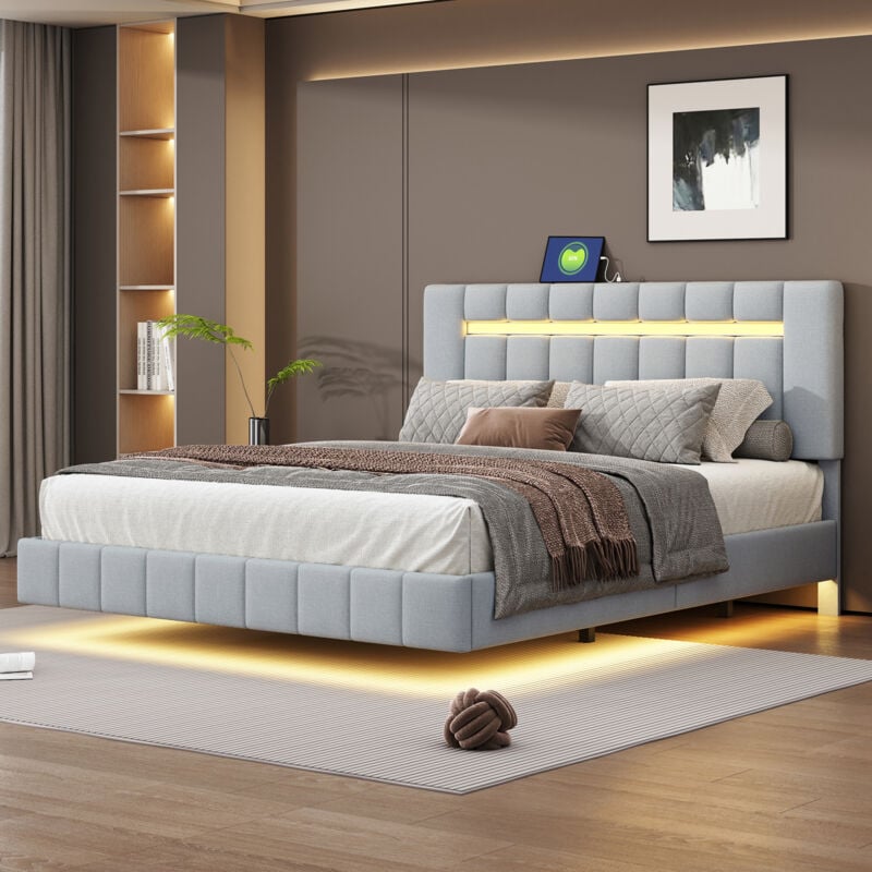 Letto imbottito 160x200 cm, struttura letto sospesa imbottita con luci a led e testiera, letto piatto per ospiti in lino grigio delicato sulla pelle.