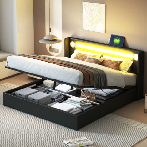 REDOM Letto imbottito 160x200 con striscia luminosa a LED, lettore Bluetooth e ricarica USB, letto contenitore in pelle PU, spazio per riporre letto a soppalco, letto matrimoniale con rete a doghe nera