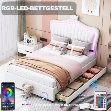 Letto imbottito 90 x 200 cm con luce LED, decorazione a forma di corona, PU, bianco, con cassetto (senza materasso)