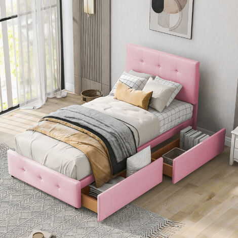Letto Imbottito 90x200 cm con Testiera e Cassetti in Tessuto Rosa