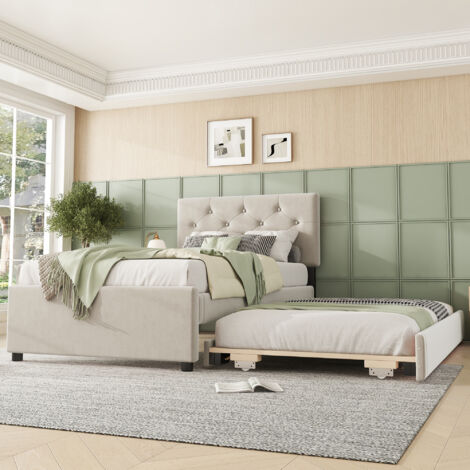 Letto imbottito, 90x200 cm, letto con rete a doghe (senza materasso), letto con contenitore su ruote, velluto, minimalista, beige