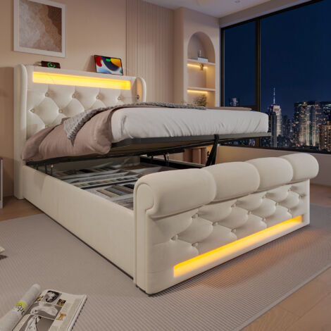 Letto imbottito 90x200 cm, letto contenitore con idraulico, LED, letto singolo con USB/Type-C, velluto beige (senza materasso)
