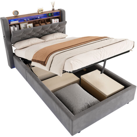 Letto imbottito 90x200 cm, Velluto Holland, Vano idraulico, LED e porte USB, Ripiano in testiera, Grigio