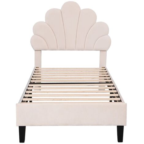 Letto imbottito beige per bambini 90 x 200 cm, struttura con testiera e doghe floreali, in tessuto velour delicato sulla pelle