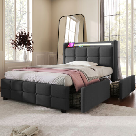 Letto imbottito con funzione di ricarica USB, testiera e illuminazione a LED e 2 cassetti, letto singolo 90x200 cm, vano portaoggetti, giroletto, rete a doghe in legno, grigio (senza materasso)